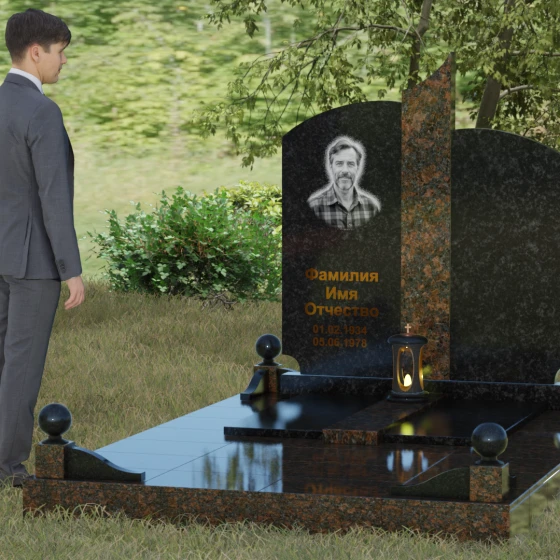 Гранитный памятник с дугообразными завершениями и колонной, гранит Габбро-диабаз, вид 4