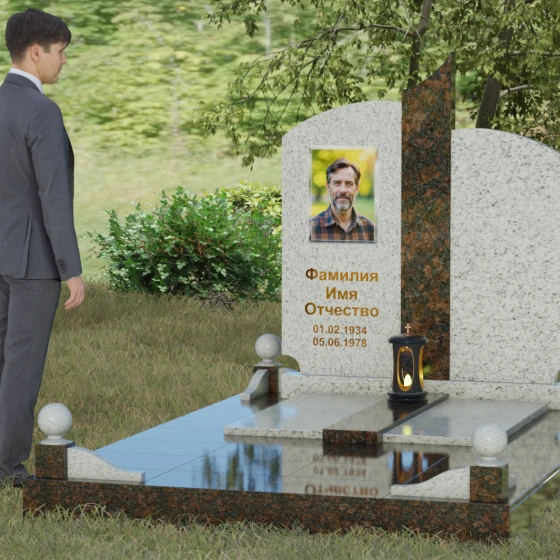 Гранитный памятник с дугообразными завершениями и колонной, гранит Мансуровский, вид 4