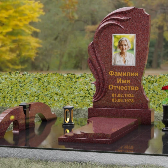 Гранитный памятник с барельефом крыла и птицы, гранит Лезниковский, вид 4