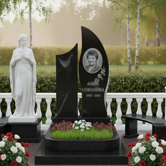 Элитный памятник с лилией и асимметричной волной, гранит Габбро-диабаз