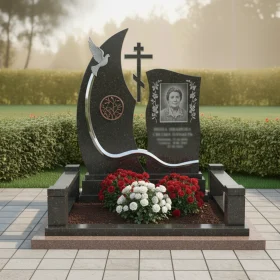 Православный вертикальный гранитный памятник с крестом для мемориального комплекса - ПН129