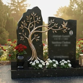Элитный вертикальный памятник на двоих из гранита и металла - ПН234