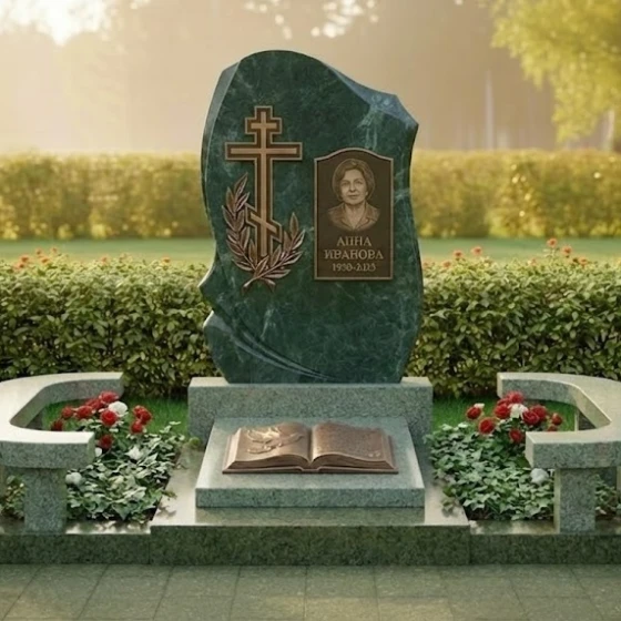 Мемориальный комплекс с крестом и гравировкой, гранит Балтик грин