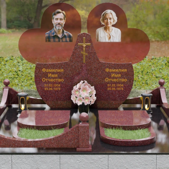 Горизонтальный памятник в виде сердец с крестом и лилиями, гранит Лезниковский, вид 2