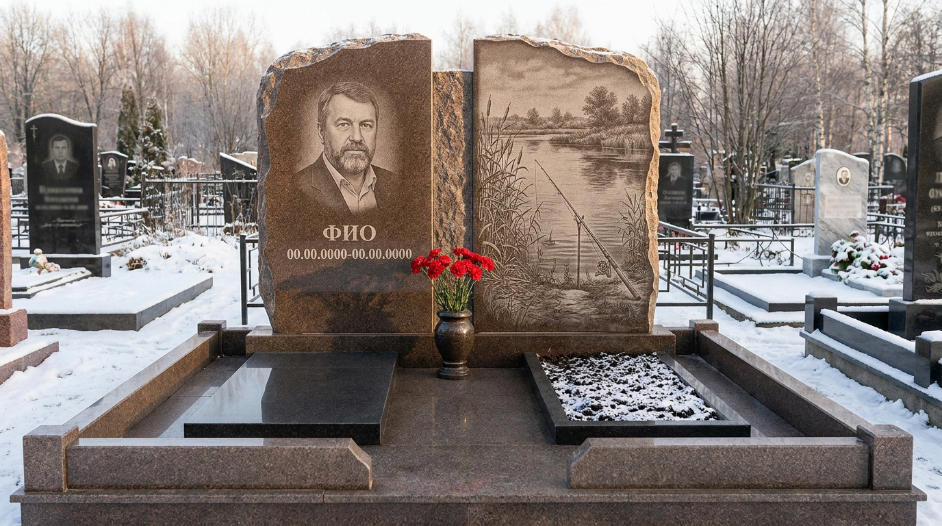 Пример дизайна: Гранитный памятник рыбаку с фактурой скалы с камышами у реки