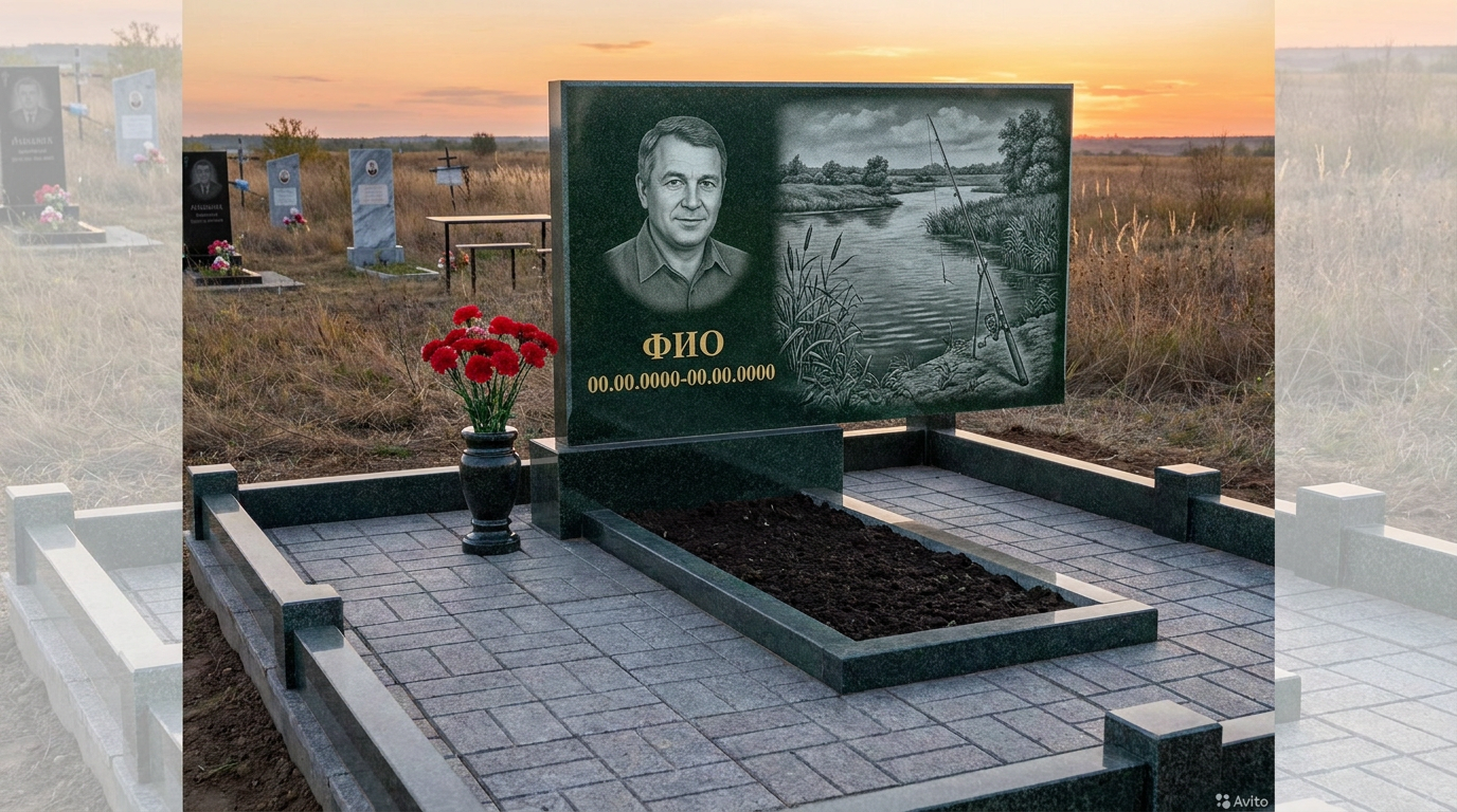 Пример дизайна: Гранитный памятник рыбаку в форме монолитной глыбы с удочкой и лодкой