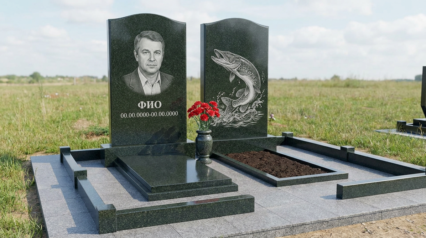 Пример дизайна: Гранитный памятник рыбаку в форме арки с речным сюжетом