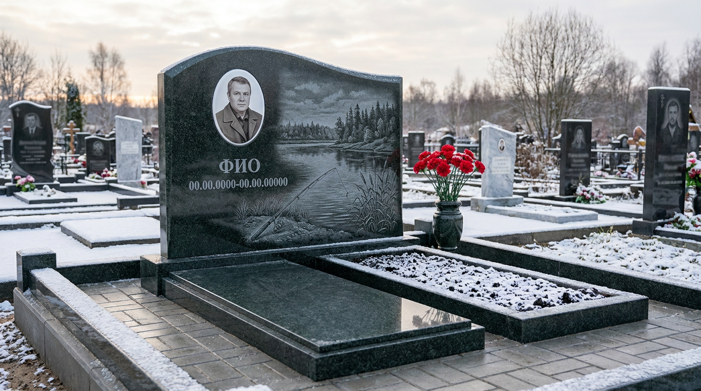 Пример дизайна: Гранитный памятник рыбаку в форме арки с речным сюжетом