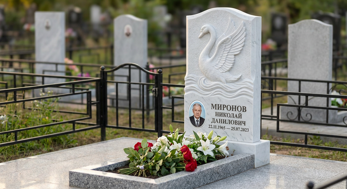 Пример дизайна: Памятник с лебедем в волнах из белого мрамора