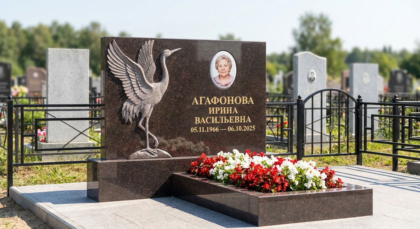 Пример дизайна: Памятник с журавлем из дымовского гранита с фотокерамикой