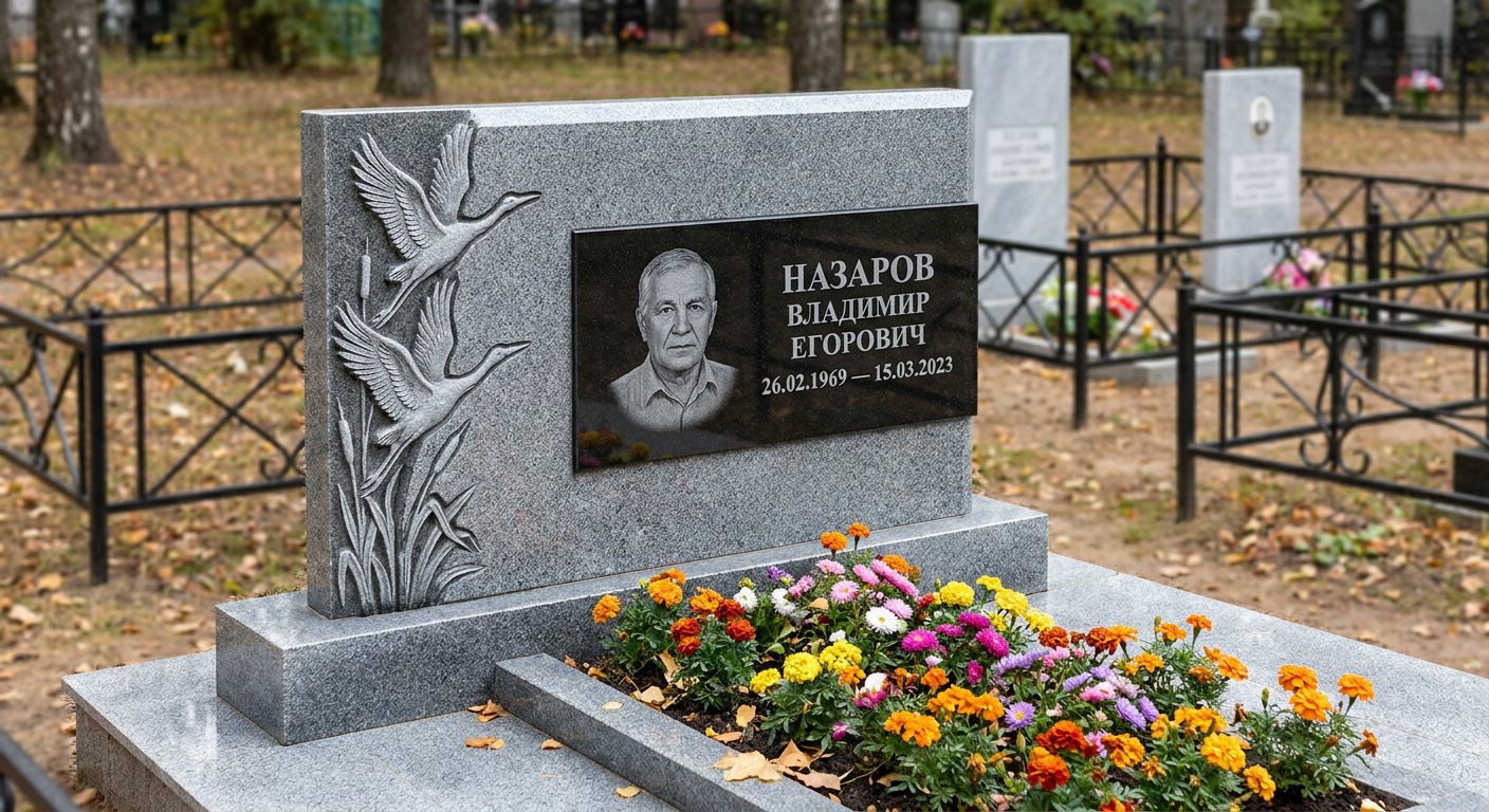 Пример дизайна: Памятник с клином журавлей из мансуровского гранита с черной вставкой