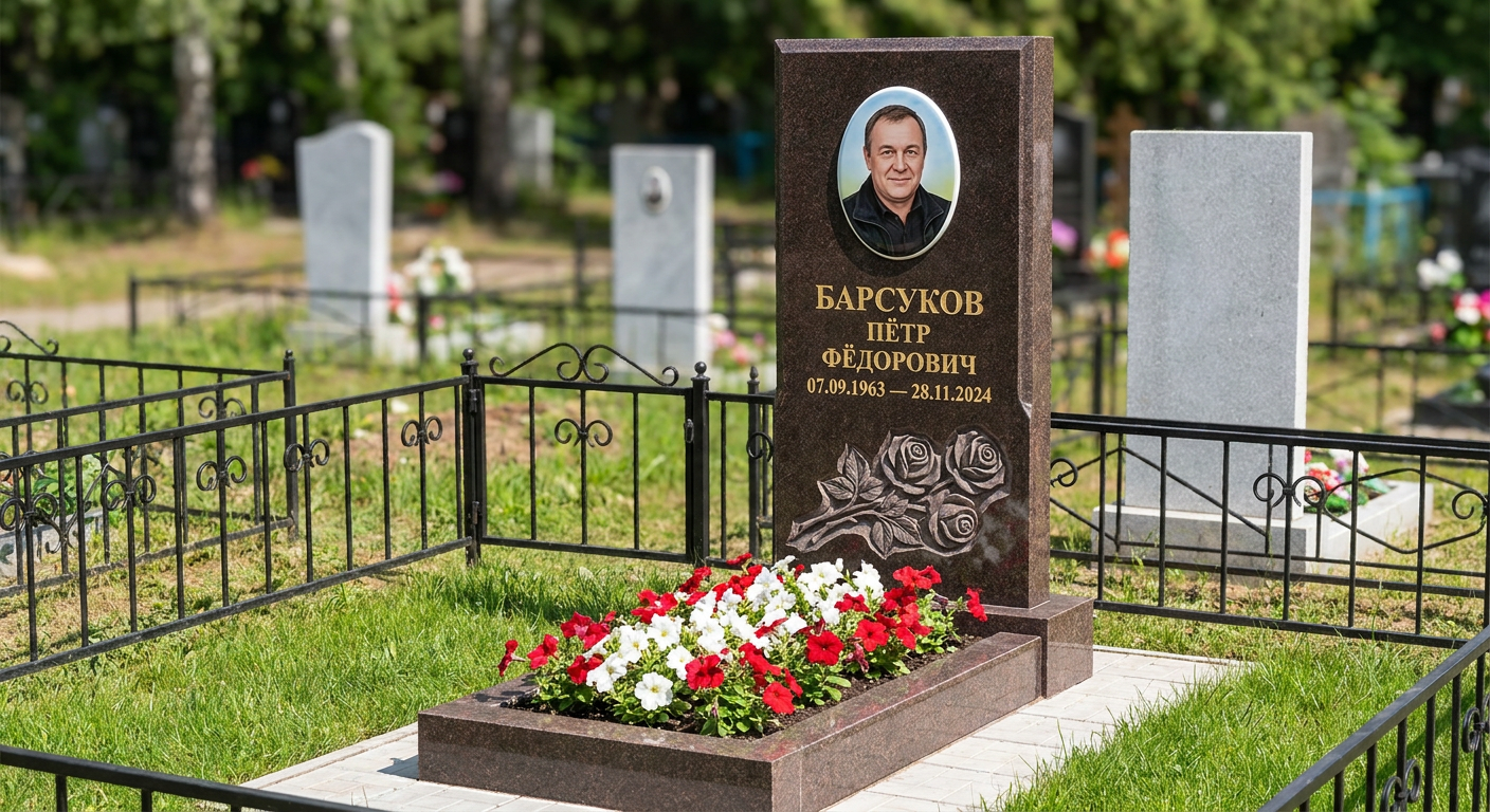 Пример дизайна: Памятник с тремя розами из дымовского гранита с портретом