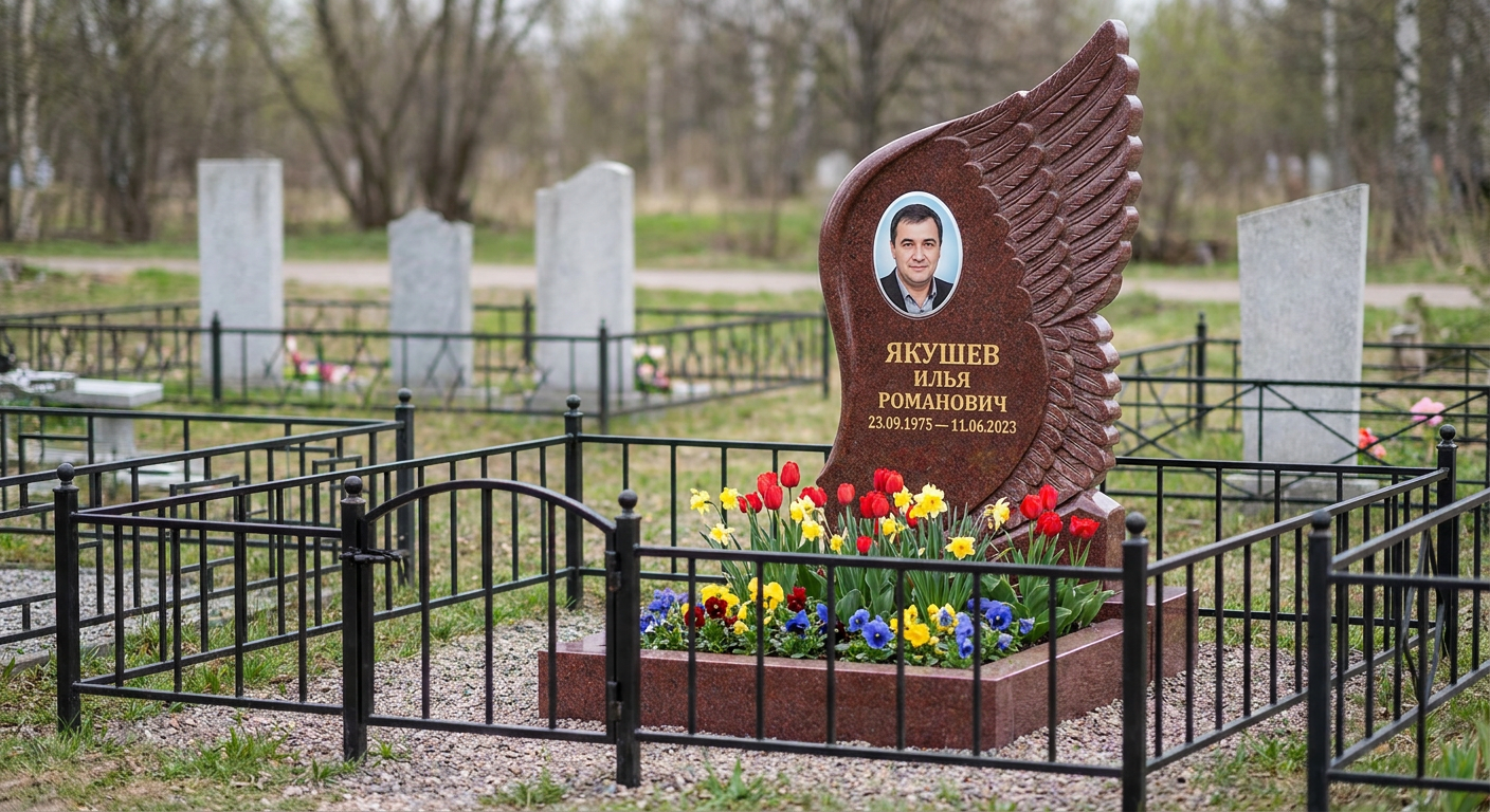 Пример дизайна: Памятник с крылом ангела из красного лезниковского гранита с фотопортретом