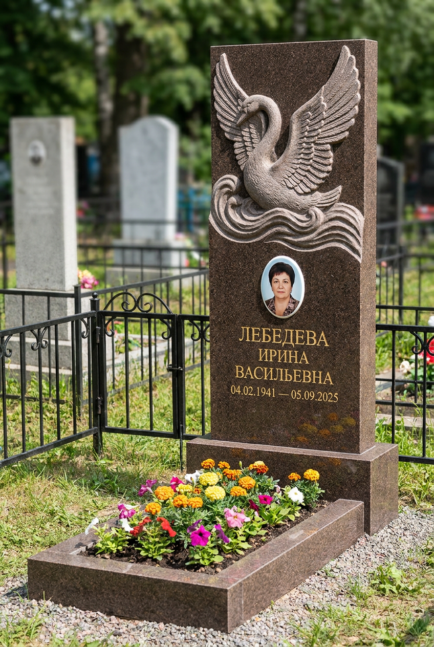 Пример дизайна: памятник с лебединой парой из коричневого гранита дымовский с портретом