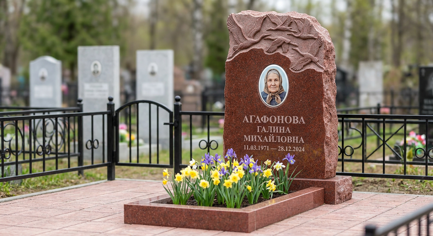 Пример дизайна: памятник с журавлями из красного гранита с портретом