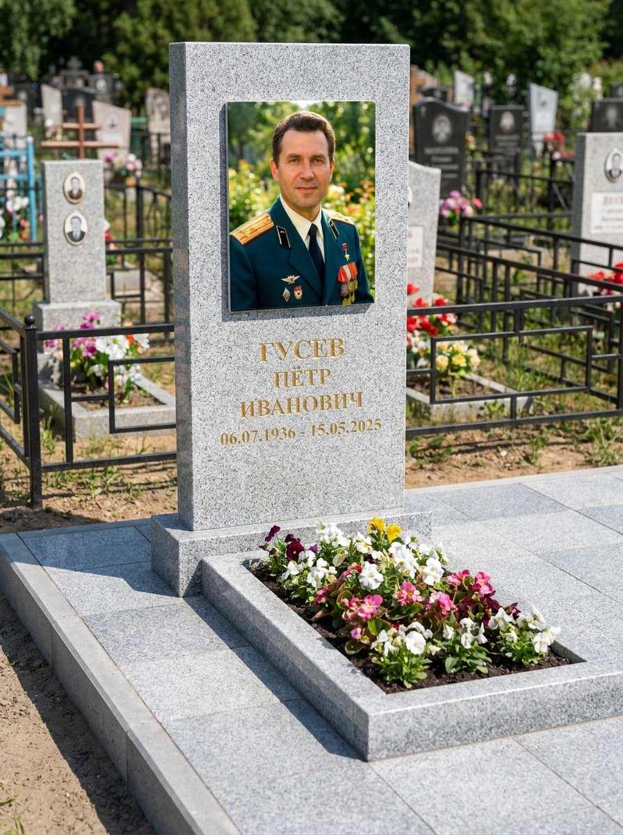 Портрет на памятнике в Екатеринбурге — Прямоугольник на гранитной стеле, ФИО и даты на портрете